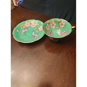 Vintage Teacup and Saucer Set Green Floral & Birds w/ Gold Trim Made in Japan